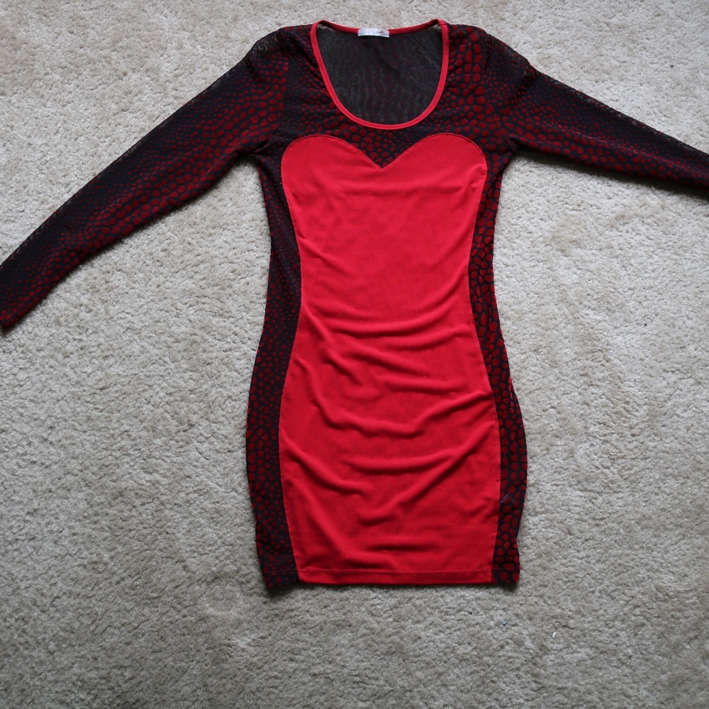 Long-Sleeved Sexy Red & Black Bodycon Mini Dress